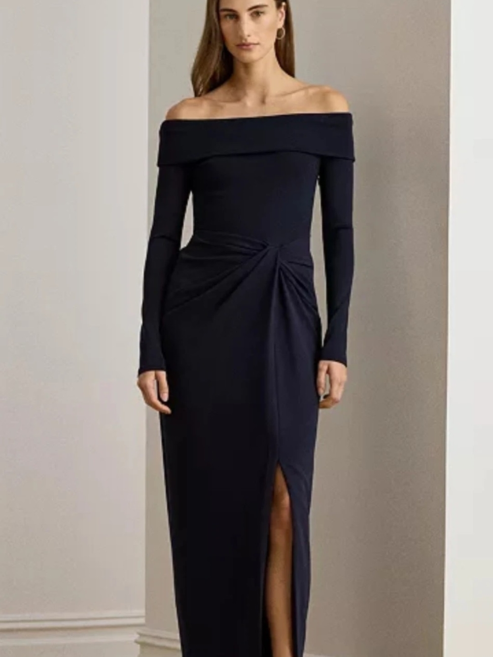 Lauren Ralph Lauren Rib-Knit Off-The-Shoulder Gown Dress Lighthouse Navy Size 6